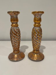 Italian Glass And Gold Hand Painted Accents  9 Inch Candle Sticks Or Bud Vases