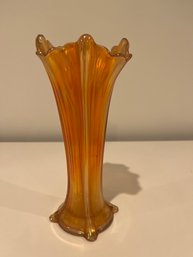 Vintage 9 Inch Marigold Carnival Glass Iridescent Ribbed Swirl Swung Vase Art Glass