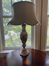 Vintage 31 Inch 1950s Alabaster Table Lamp Double Pull Lights Carved Roses & Leaves With Scalloped Edge Shade