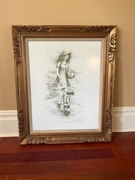 Ornate Gold Framed Artist Proof Pencil Signed And Numbered Mother And Boy Playing In Water Lithograph Print