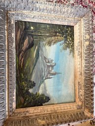 21.5x18 Inch Antique Oil On Canvas Castle On Hill Signed Frame Needs Replacing