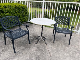 Small Marble Top Table And 2 Heavy Black Aluminum Metal Chairs