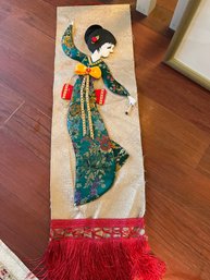 Vintage 31 Inch Chinese Hanging Wall Scroll Woman Silk Fabric Applique