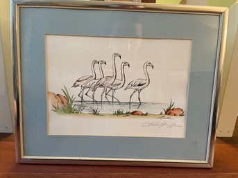 14x11 Inch Pencil Signed Leslie Griffon Framed And Matted Flamingos Print