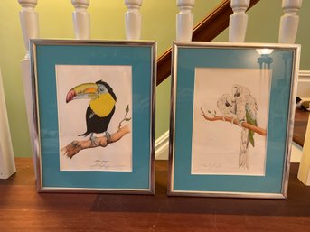 14x11 Inch Pencil Signed Leslie Griffon Framed And Matted Parrot Prints