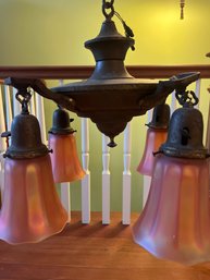 Four Down Light Brass Chandelier With Pink Orange Iridescent Art Glass Shades