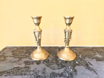 Pair Of Vintage Taper CandleStick Holders Brass Made In India Metal Rope & Tassel