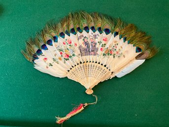 Stunning Antique Peacock Heather And Ox Bone Hand Painted Fan