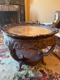 Antique French Style Carved Mahogany & Marquetry Inlay Glass Tray Top Side Table