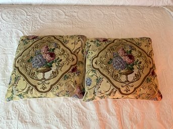 2 Vintage Beautiful Floral Bouquet Blooming Flowers Needlepoint Pillows