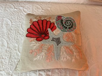 Pretty Beaded Coastal Seashell Nautical Throw Pillow