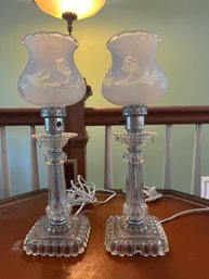 Lot Of 2 Table 14.5 Inch Lamps Mid Century Crystal Natinal Pattern Jeannette Glass Co