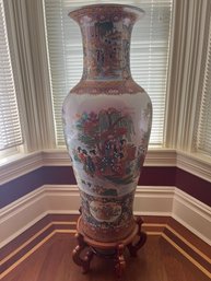 Extra Large Ceramic Hand Painted 42 Inch Asian Vase With Stand