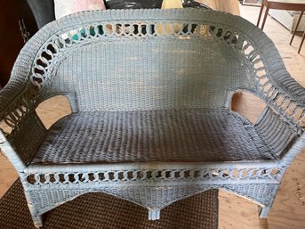 Vintage 55 Inch Loveseat Outdoor Patio Blue Wicker Minor Unraveling