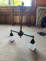 Original And Completely Intact Nicely Aged Brass Double Arm Interior Residential Ceiling-Mount Antique Light