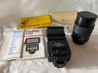 Vivitar 2500 Auto Thyristor Electronic Flash Unit And Vivitar Lens