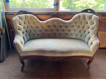 Antique Victorian Carved Walnut Floral Detail Settee Love Seat Circa 1880 Green