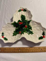 Vintage Lefton Holly And Berry 3 Part Divided Dish Holiday Serving Tray Dish Japan Christmas