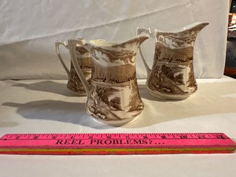 Vintage Lot Of 3 Alfred Meakin England Tintern Brown & White Transferware Pitchers