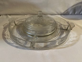 VINTAGE 10 IN GLASS DIVIDED RELISH DISH WITH LIDDED CENTER CONDIMENT HOLDER ETCHED