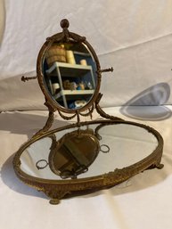 Antique Boudoir Gilded Brass Table Mirror