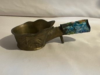 Antique Chinese Brass Silk Iron With Blue Enamel Decorative Handle Dragon Details Stamped China