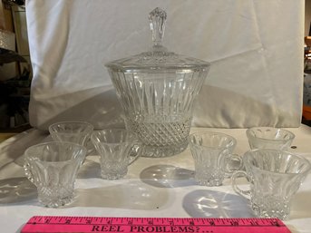 Heavy Vintage Cut Glass Lidded Punch Bowl With 6 Glasses