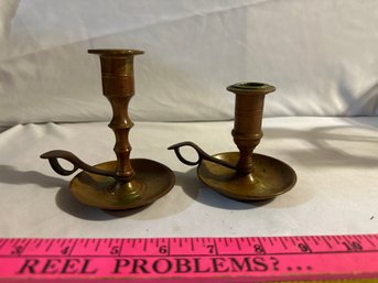 Two Vintage Brass Candle Holder Chamber Sticks Brass And Copper Rivet Beautiful Patina