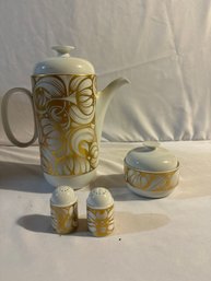 VINTAGE GERMAN ROSENTHAL CONTINENTAL GOLDEN BLOOM MCM GOLD ON WHITE FLORAL COFFEE POT SUGAR SALT AND PEPPER