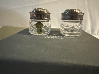 Vintage Waterford Small Crystal Powder Rouge Vanity Jars With Silver Plated Lids In Original Box