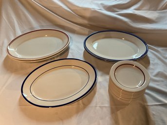 Lot Of Homer Laughlin Restaurant Ware Red & Blue Stripe 5 12.2 Oval Platter 10 Red 5.4 Inch Butter Plates