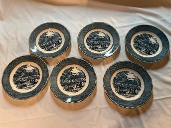 6 Vintage Currier And Ives Blue Royal China Harvest Dessert Plates 6 3/8 Inch