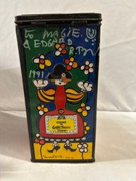 SIGNED BY ARTIST COLORFUL LITHO TIN BOX ROMERO BRITTO 1990 ENGLAND CRME DE GRAND MARNIER