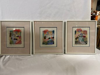 Set Of 3 Mixed Media Framed Original Art Signed Kathy Donahey Dancing Dilbert Back To The Vet 3 Lilac Larry