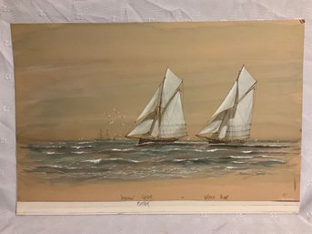 Frederick Tordoff The Americas Cup Bedouin And Grace  Water Color And Zinc White Original Art