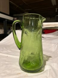 Vintage Hand Blown Avocado Green Pitcher 9 1/2 Inches High