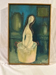 14x20 Inches Framed Giorgio Silvestri Italian Painter Oil On Linen Bath Time 1969 Signed And Dated