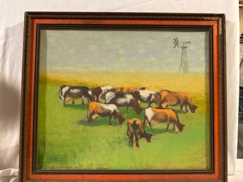 Original Framed Oil On Board Cows Grazing 23x19 Inch