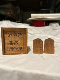 Wood Carved Ebisu And Daikoku Japanese Dolls In Wooden Box