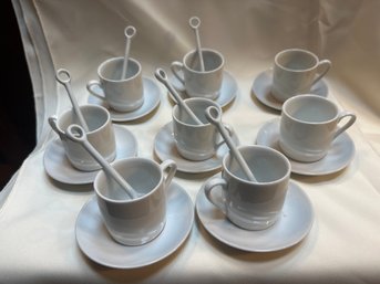 NORPRO Demitasse Set Of 8 2oz White Cups With 8 Saucers & 6 Spoons