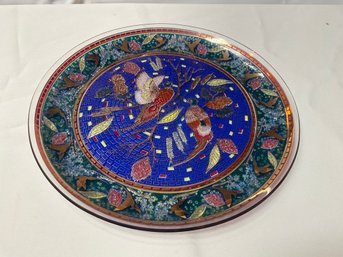 Pretty MCM Glass Mosaic Pattern 11 Inch Decorative Plate Highlighting Pheasants With Gold Trim