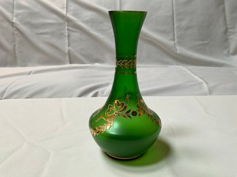 Beautiful Vintage Hand Painted Emerald Green Art Glass Vase