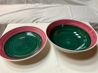 2 Vintage Himark Green And Red Stripe Serving Bowls Made In Italy