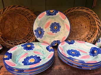 Set Of 8 Pier 1 Imports Blue Floral Bowls With 2 Baskets