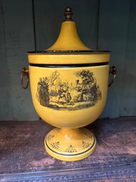 Vintage 1950s Italian Goldenrod Yellow Tole Ice Bucket With Black Classical Designs