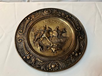 Vintage Brass Plate Charger Wall Dcor 14 Inch Round Made In England Hounds Hunt Scene