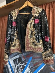 Ladies Size Small Beyond Vintage 80s Jacket Sequins Beads Appliqued Roses Gold Black