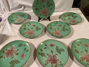 ANTIQUE SET OF 8 SCHUMANN BAVARIA LUNCH PLATES WITH GOLD LEAVES & TRIM Excellent Condition