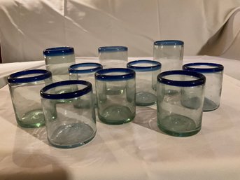 Set Of 10 Vintage Hand Blown, Art Glass Cobalt Blue Rimmed Barware Drinking Glasses