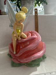 Disney Parks Tinker Bell On Rose Ceramic Cookie Jar Retired 12 Inches Tall